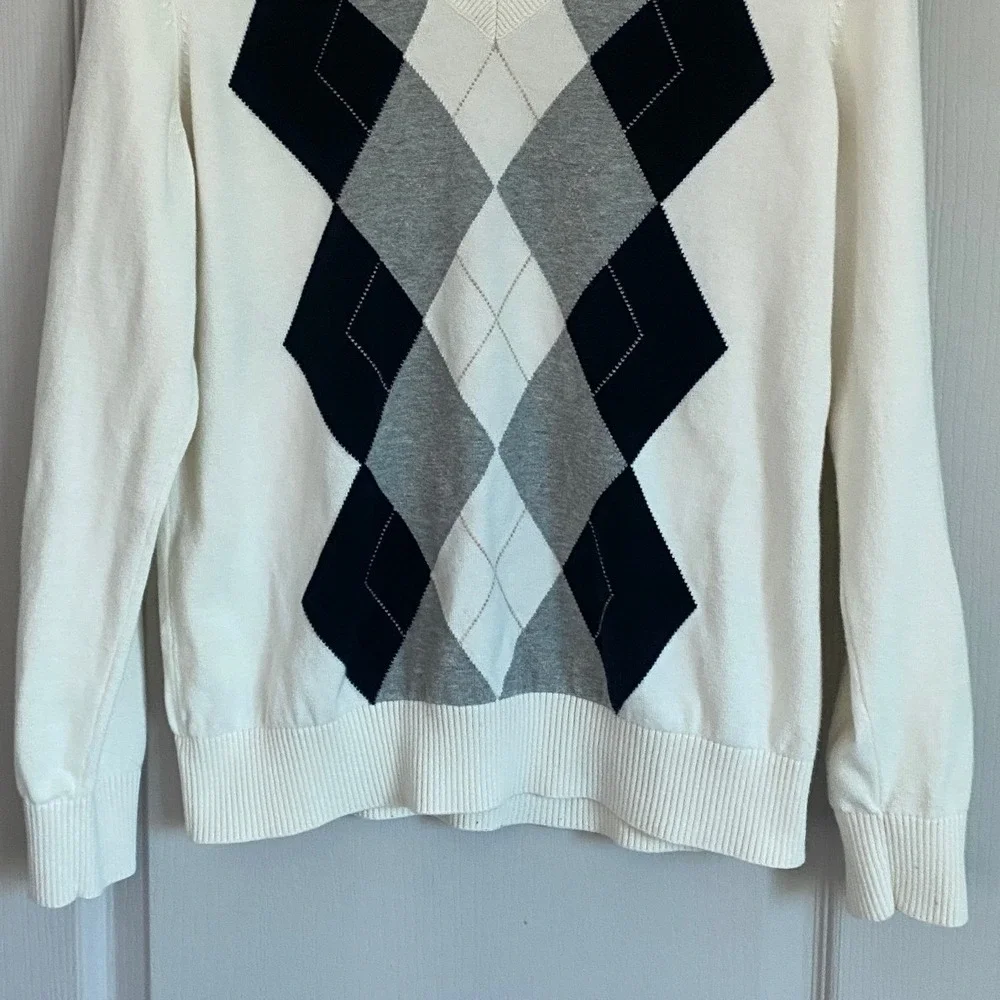 IZOD Womens Argyle V-Neck Sweater White Black Grey 100 Cotton‎ Long Sleeve L